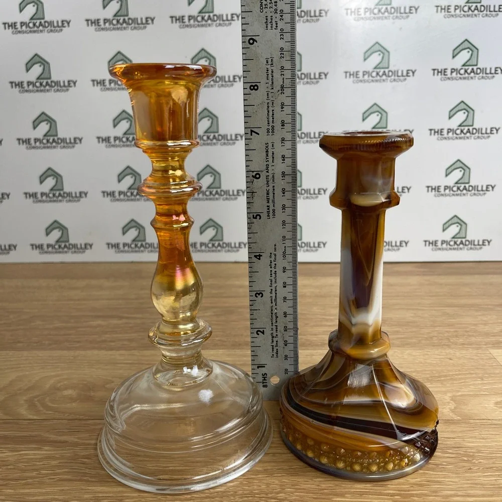 Vintage Amber Carnival Glass & Brown Slag Glass Taper Candlestick Holders Set 2